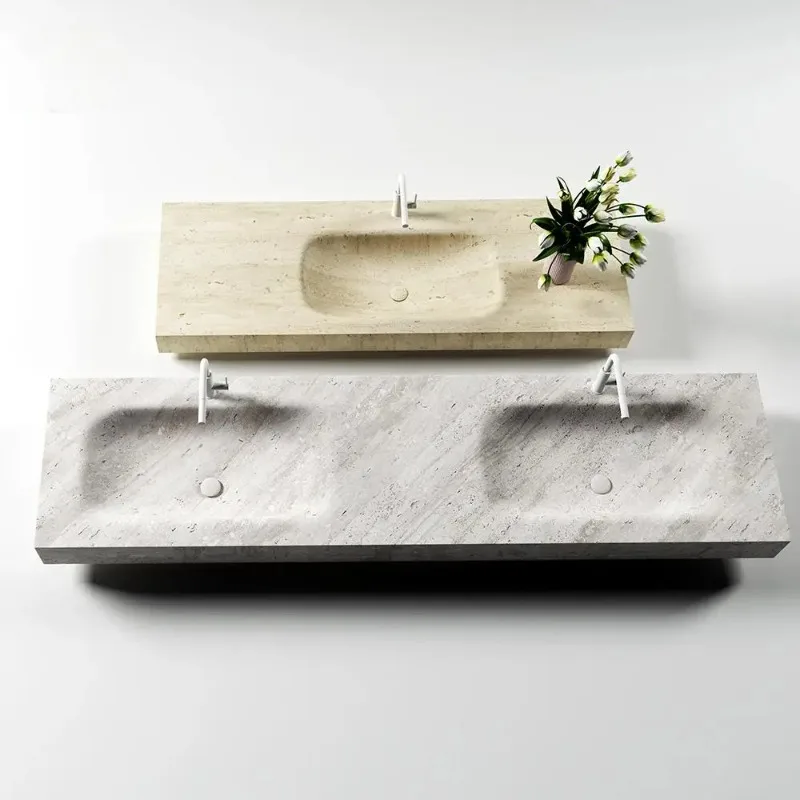 Thermoformed Roman Travertine Washbasin: Seamless, One-piece Molded Sink with Beige Texture - Luxury Villa Series