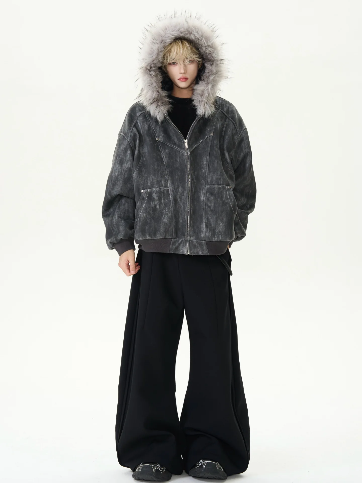 Casual High Street Harajuku Punk Y2K Fashion Vintage Fur Collar Zip Sweatshirt 2025 Hip Hop Rock Wide Hoodie Men's Couple Jacket