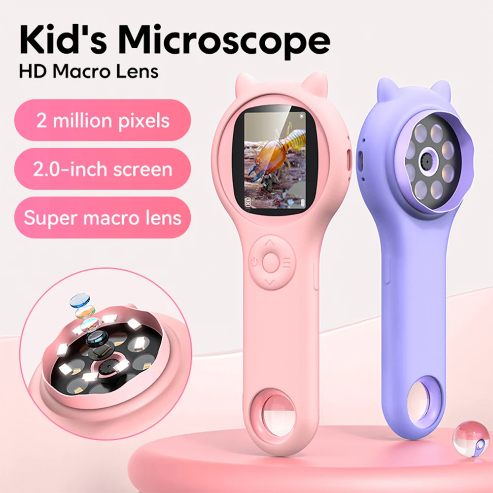 Handheld Microscope for Kids 2-inch IPS Screen Magnifying Glass with 8 LED Light 500X Magnifying Glass for Reading Windows