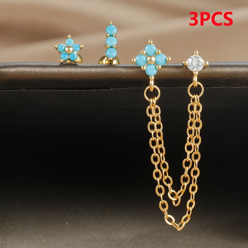 3PCS Vintage Zircon Flower Stud Earring Set For Women Stainless Steel Double Studs Chain Tassel Piercing Earring Fashion Jewelry