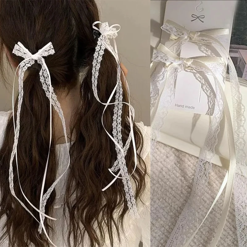 

1pair Korean Lace Bow Hair Clip Trend Long Ribbon Hairpins Barrettes Headband for Women Girl Hair Accessories Wedding Jewelry