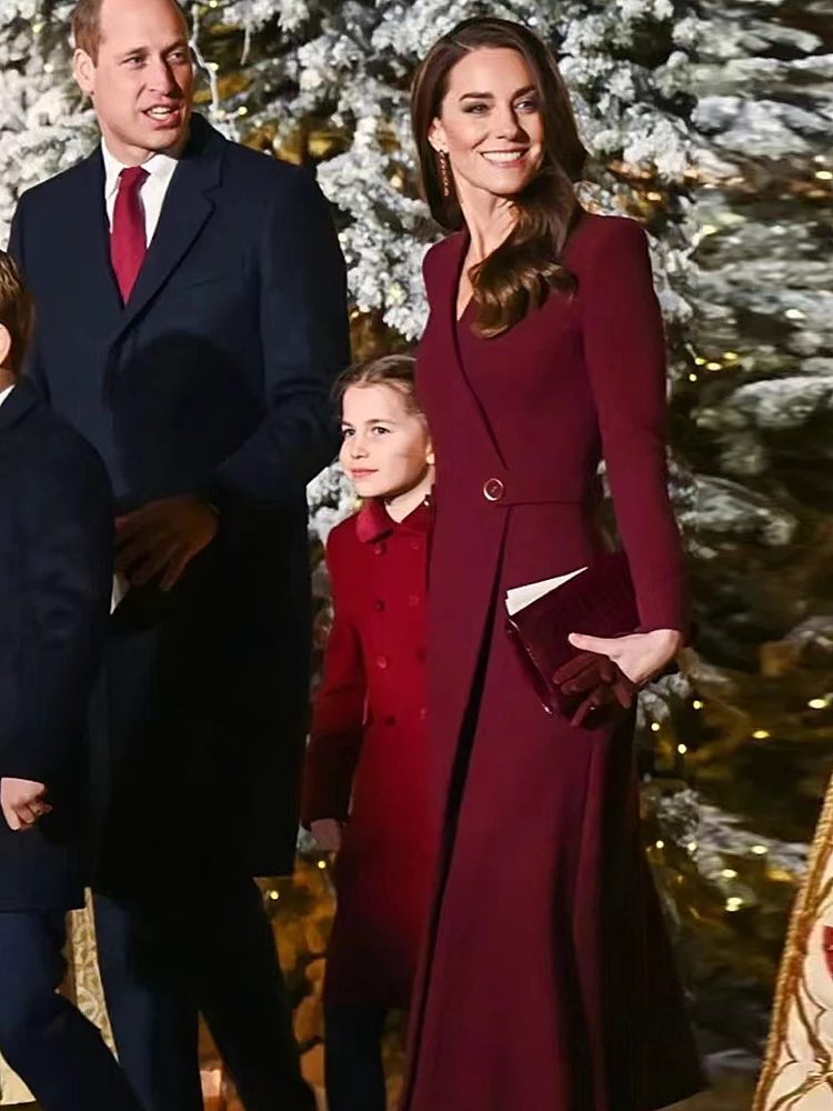 Kate Middleton Principessa sopra cappotto Autunno di alta qualità Nuove donne di lusso vino rosso Vintage Chic Party Elegante giacca a vento alla