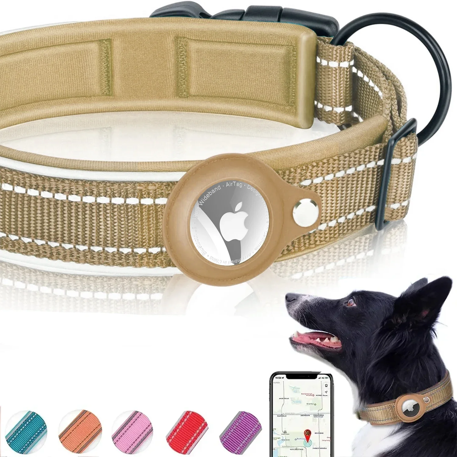 Collar para perro AirTag, Collar reflectante para perro, collares acolchados para perro, funda con soporte AirTag, Collar ajustable para mascotas para perros pequeños, medianos y grandes