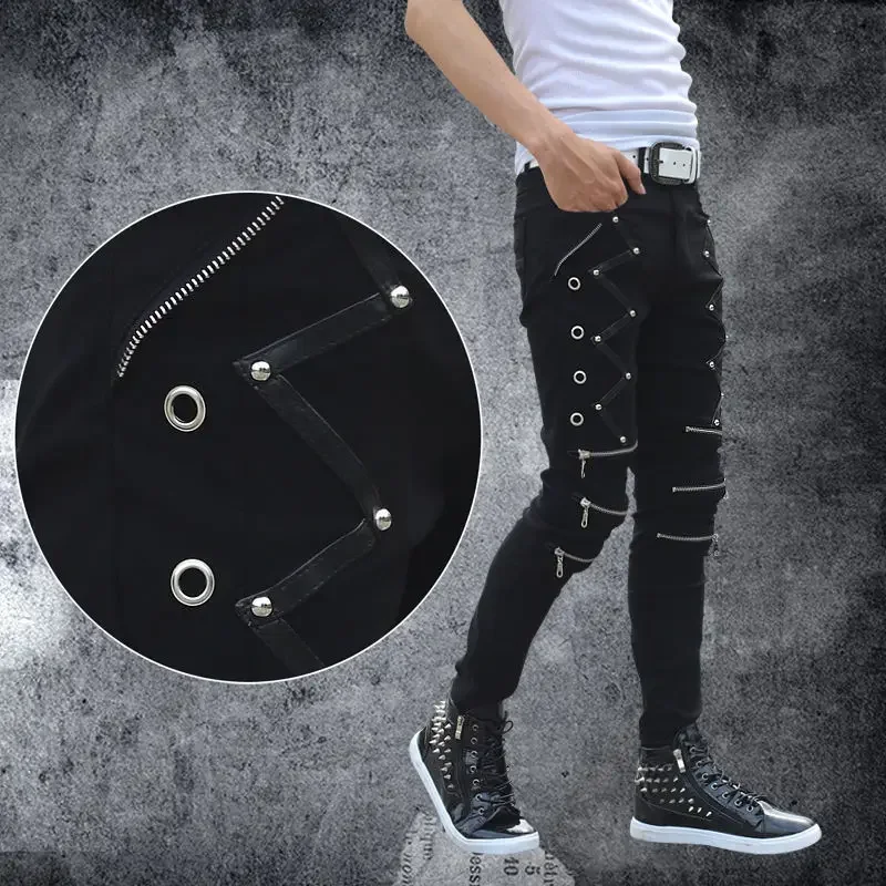 2025 New Men black punk hip hop jeans with multi zippers mens skinny jeans slim fit denim pants biker trousers Present Belts