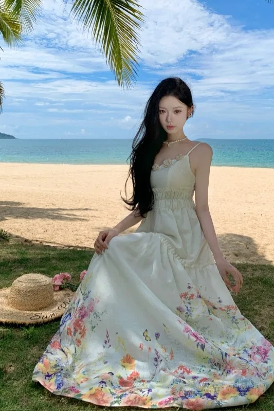 Vintage Boho Fashion Long Dresses For Women Summer Flower Print High Waist Casual Holiday Party Dress Vestidos 2025 New N768