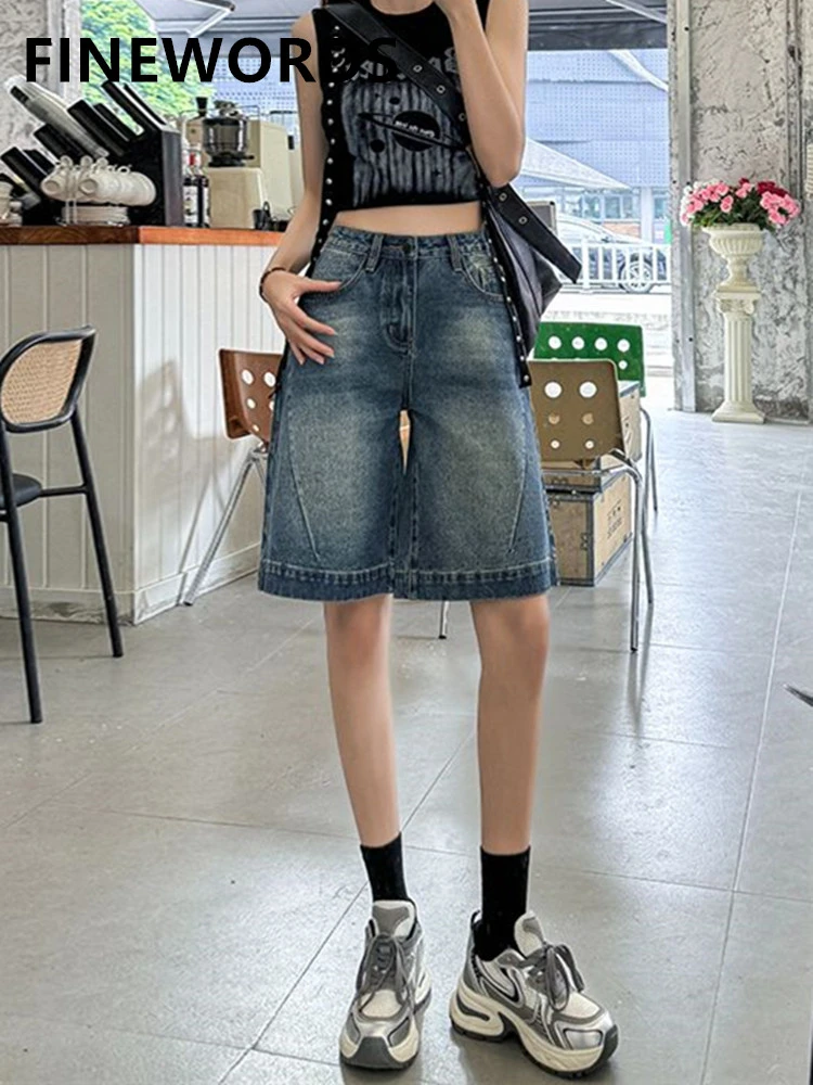 

Винтажные повседневные джинсовые шорты FINEWORDS с высокой талией и широкими штанинами, корейские летние, из выстиранного синего денима, свободные, универсальные, пляжные, средней длины