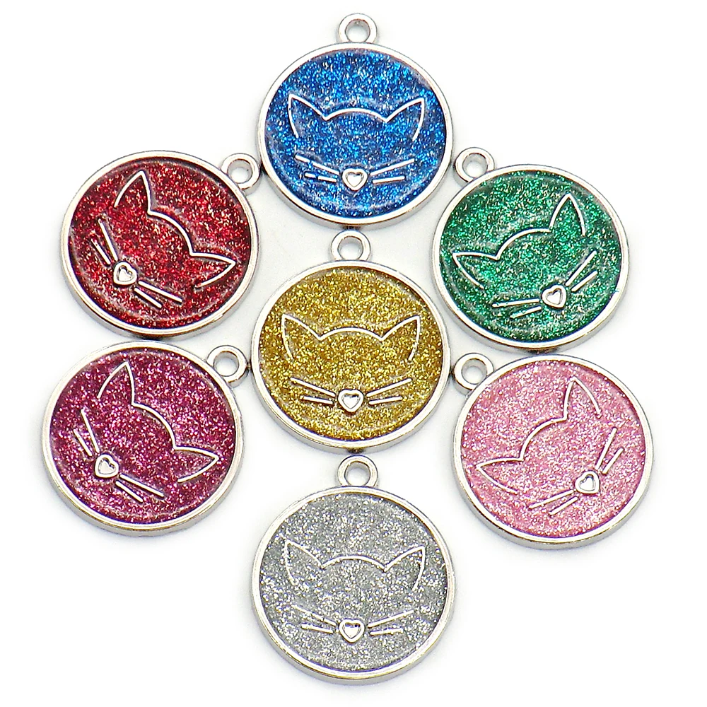 

100 шт. модных пустых бирок в форме кошачьей мордочки с блестками, доступны в различных цветах, круглые подвески для собак, с возможностью нанесения имени лазером