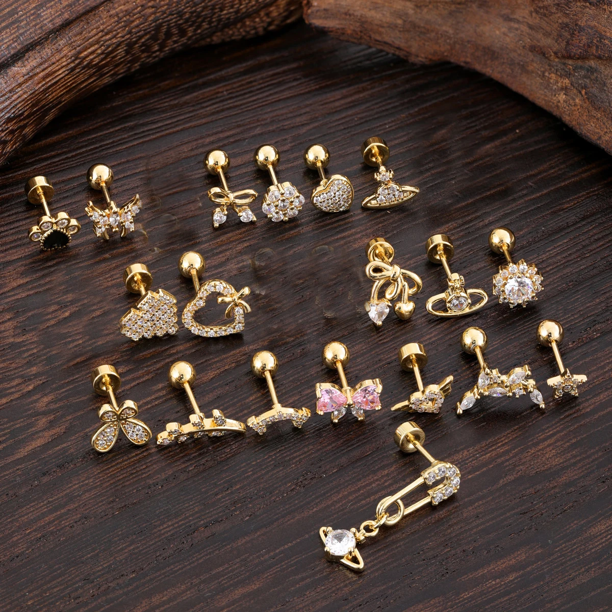 

60Pcs Crystal Zircon Earring Stainless Steel Zircon Earbone Stud Creative Fashion Micro Jewelry Butterfly Branch Star Heart