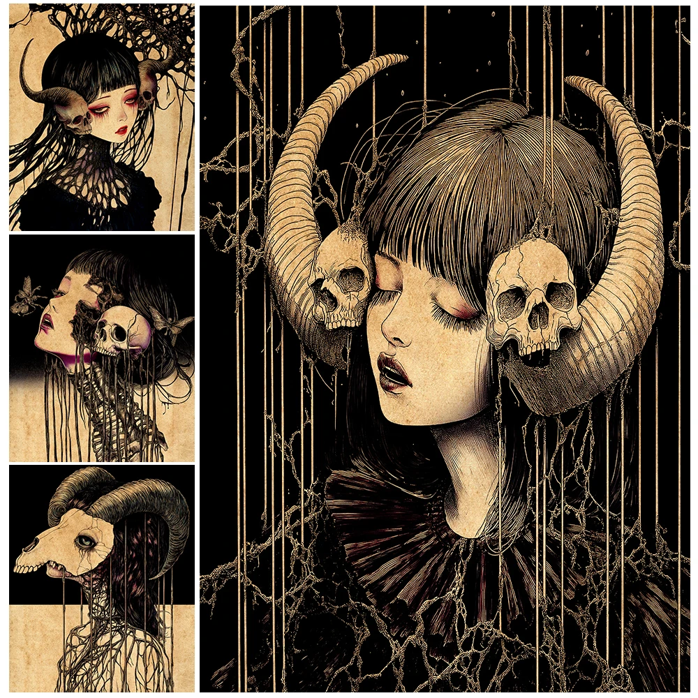 Creepy Demon Girl Gothic Wall Art Canvas Painting,Dark Pagan Witchcraft Art Poster And Print Home Decoration Unframed