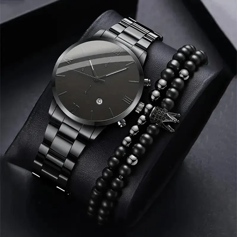 Men Watch DIY Beaded Bracelet Set Fashion Business Stainless Steel Belt Quartz Wrist Watches for Men Gift Relogio Masculino