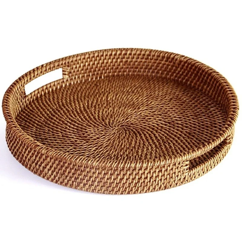 Rattan Basket Hand-Woven Coffee Breakfast Severing Tray Food Storage Platters Bread Plate with Handler For Drink Snack Tea MJ