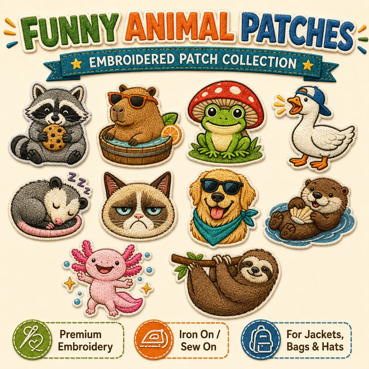 Funny Animal Embroidery Patches Custom Raccoon Capybara Frog Goose Cat Dog Iron On Sew On for Backpacks Jackets Hats Gifts