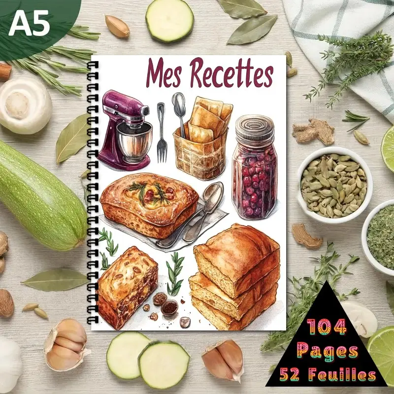 Cuaderno de recetas francesas A5, encuadernación en espiral, libro de recetas, puede contener hasta 100 recetas, diseño inspirado en hornear