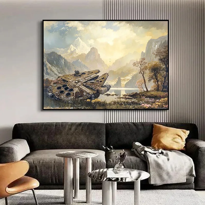 Watercolor Spaceship Falcon in Wildflowers Fantasy Landscape Sci-fi Movie Canvas Poster Wall Art Pictures Home Decor