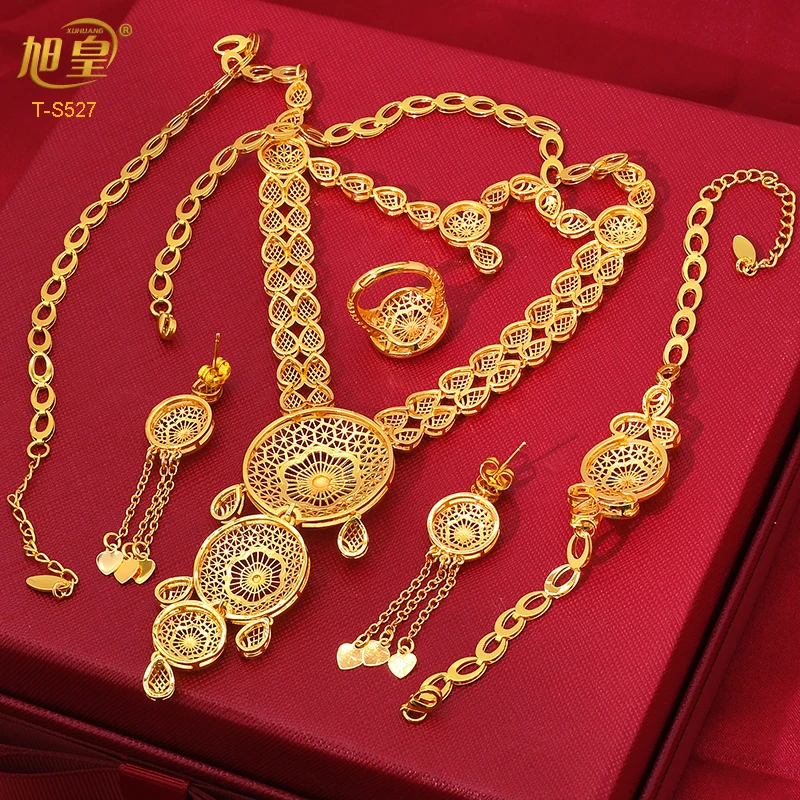 XUHUANG African Big Luxury 4PCS Dubai Gold Color Jewelry Necklace Sets For Women Bridal Wedding Sets 2024 Trend Jewellery Gifts