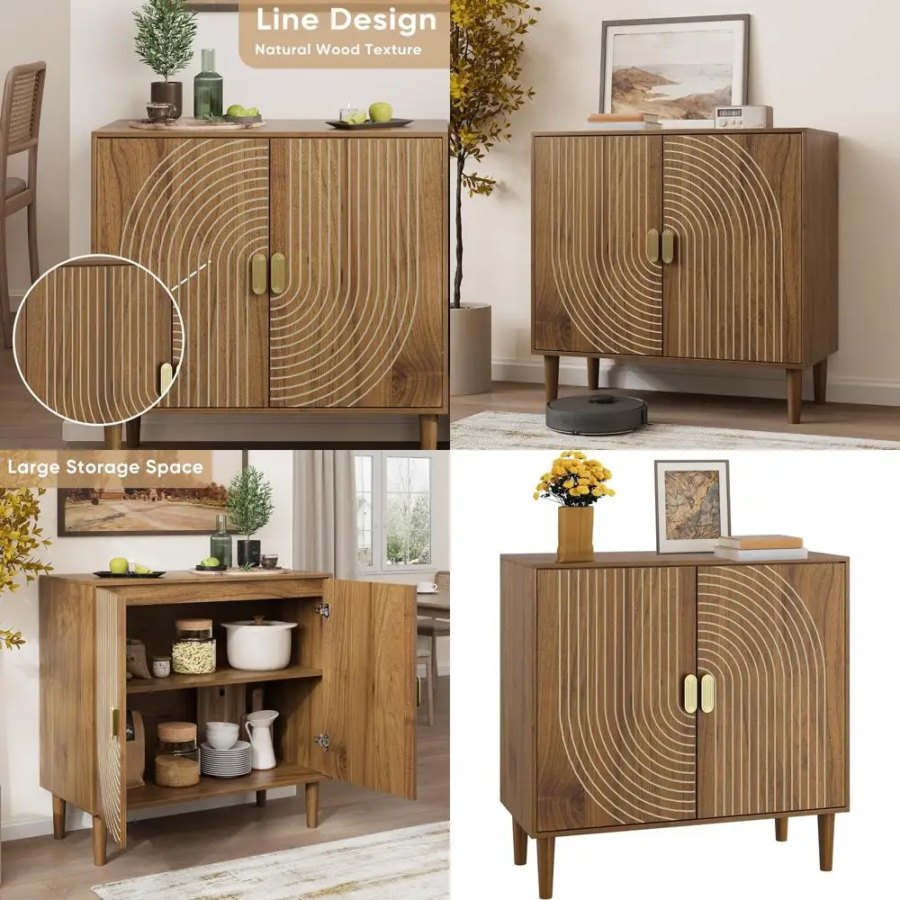 Elegant Walnut Storage Cabinet with Linear Accents, Adjustable Shelving for Living Spaces and Foyers