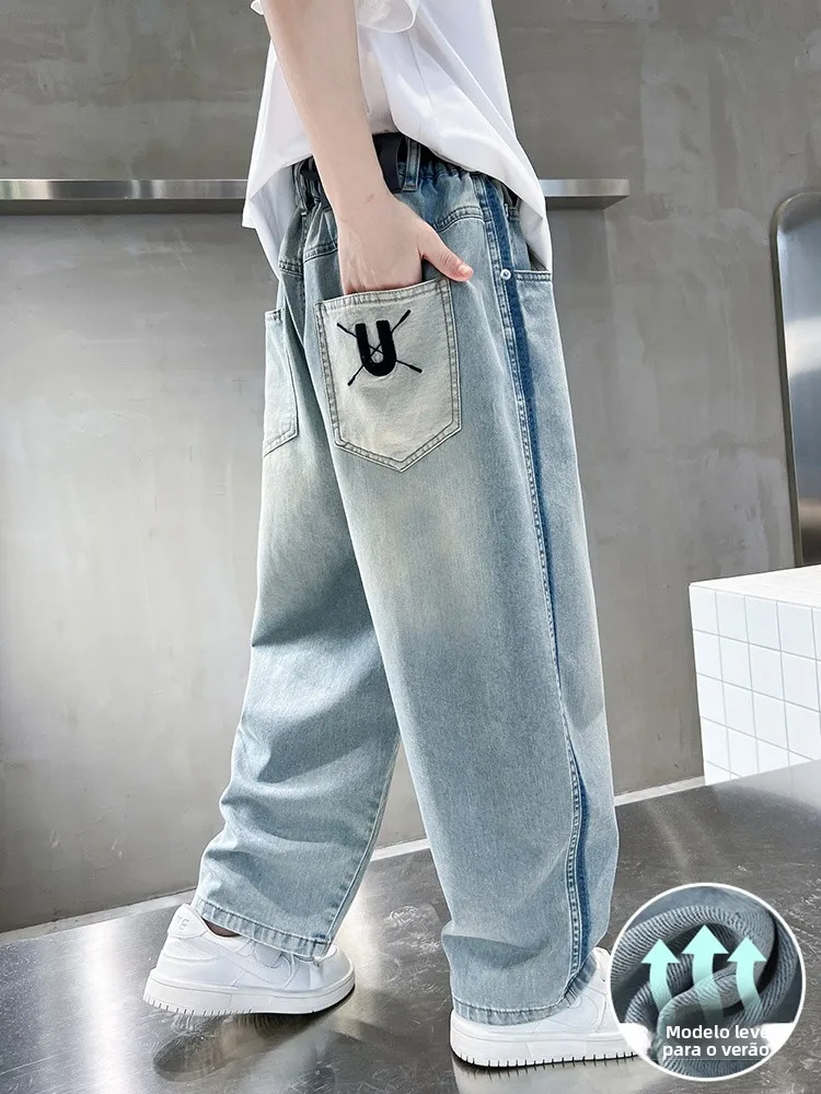 slim-fit-boy's-summer-thin-denim-jeans-straight-leg-casual-long-trousers-trendy-boys-spring-autumn-fashionable-kids-pants