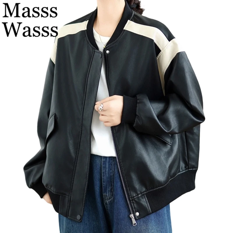 Masss Wasss 2025 Fall Womens Leisure Vintage Patchwork Big Size Faux Leather Jackets Ladies Loose Windbreakers Fashion PU Coats