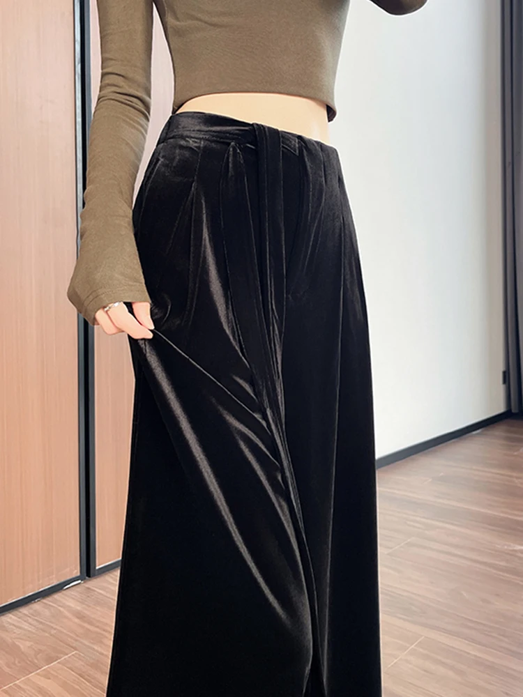 กางเกงขายาวทรงตรงผ้ากำมะหยี่สไตล์เรโทรสำหรับผู้หญิง เอวสูง ทรงหลวม ผูกเชือก สไตล์เกาหลี วินเทจ สำหรับฤดูใบไม้ร่วงและฤดูหนาว ดูสง่างาม