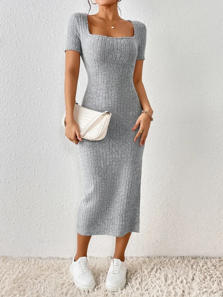 Vestido de punto para mujer estilo primavera verano, casual de manga corta, cuello cuadrado, con abertura lateral 3