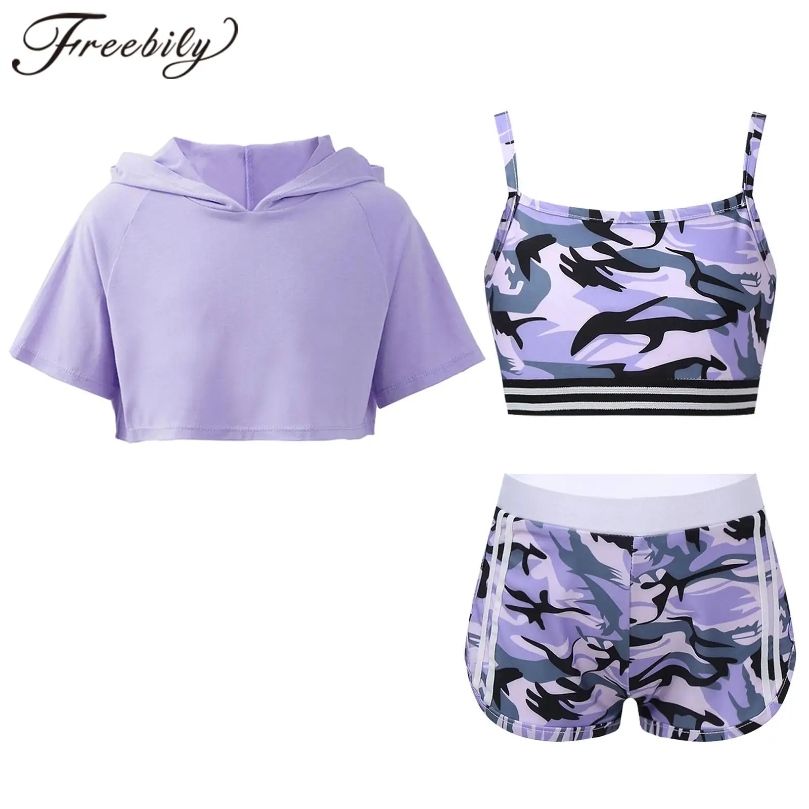 

Kids Girls Tracksuit Camouflage Camisole Shorts Hooded Crop Top Child Sports Set Gymnastics Workout Suit Children's Sport Outfit