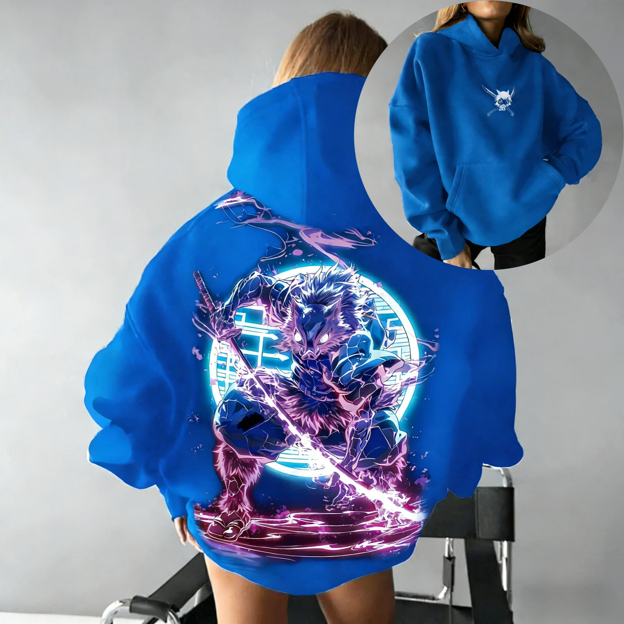 Demon Slayer Anime katoenen hoodie blauwe kleur karakterprint met Inosuke Hashibira zwijnmaskerpatroon en paarse bliksem