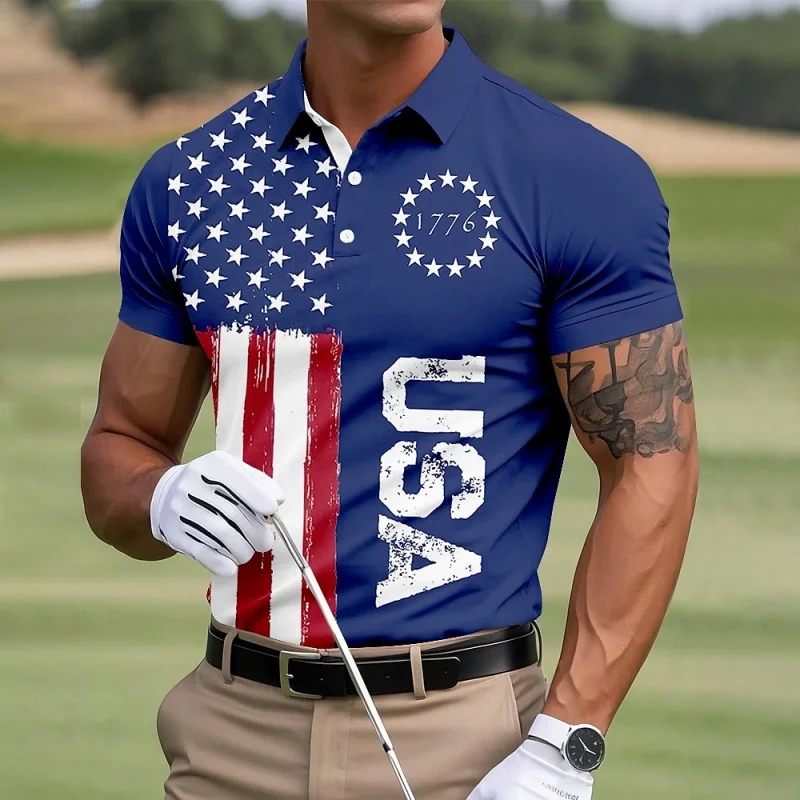 America Flag Pattern Polo Shirt For Men Colorful Gradient 3D Print Tees Summer Street Short Sleeve Loose T-Shirt Lapel Tops