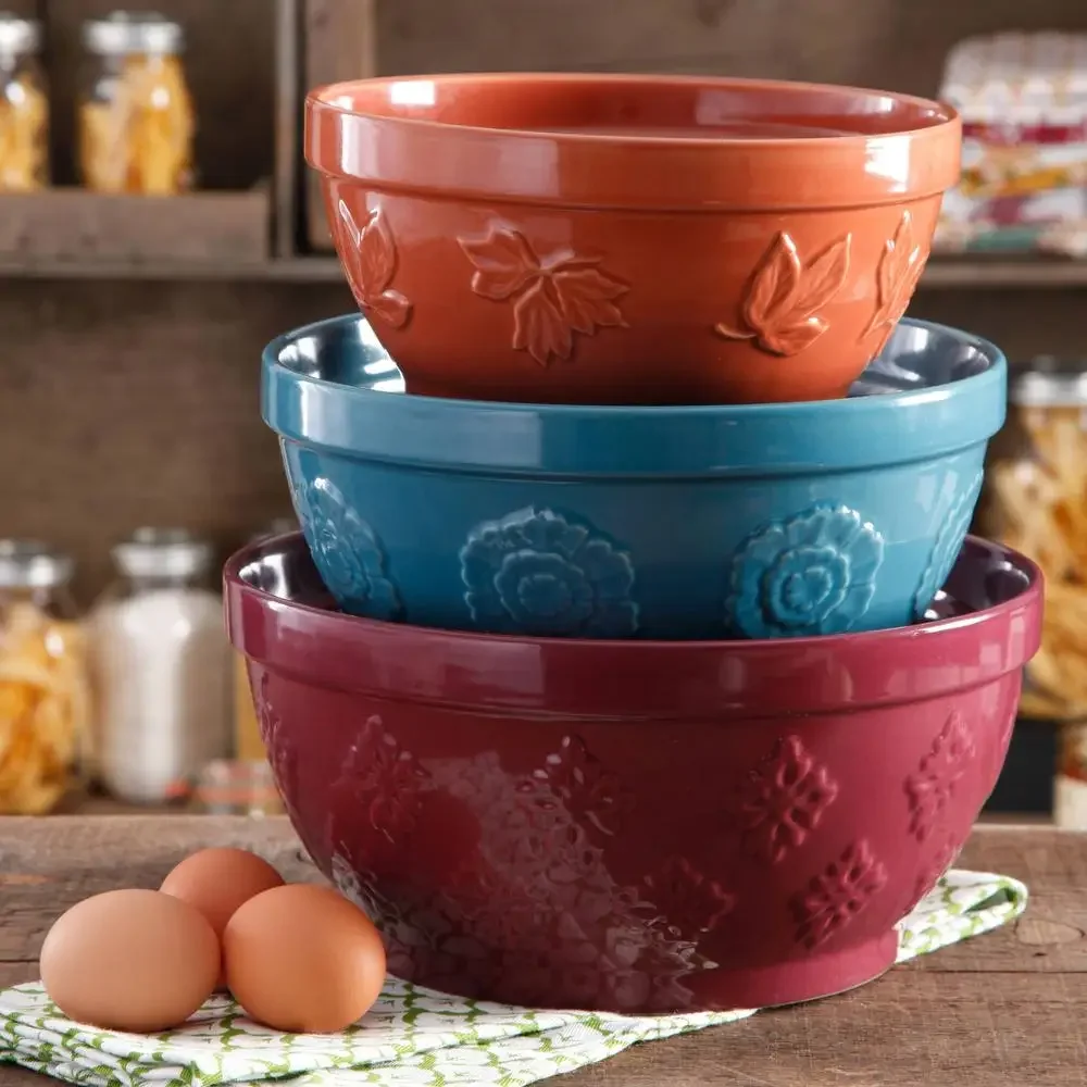 

Cornucopia Ceramic Mixing Bowl Set 3 Piece Embossed Floral Leaf Snowflake Designs 10" 8.5" 7" Microwave Dishwasher Safe Assorted
