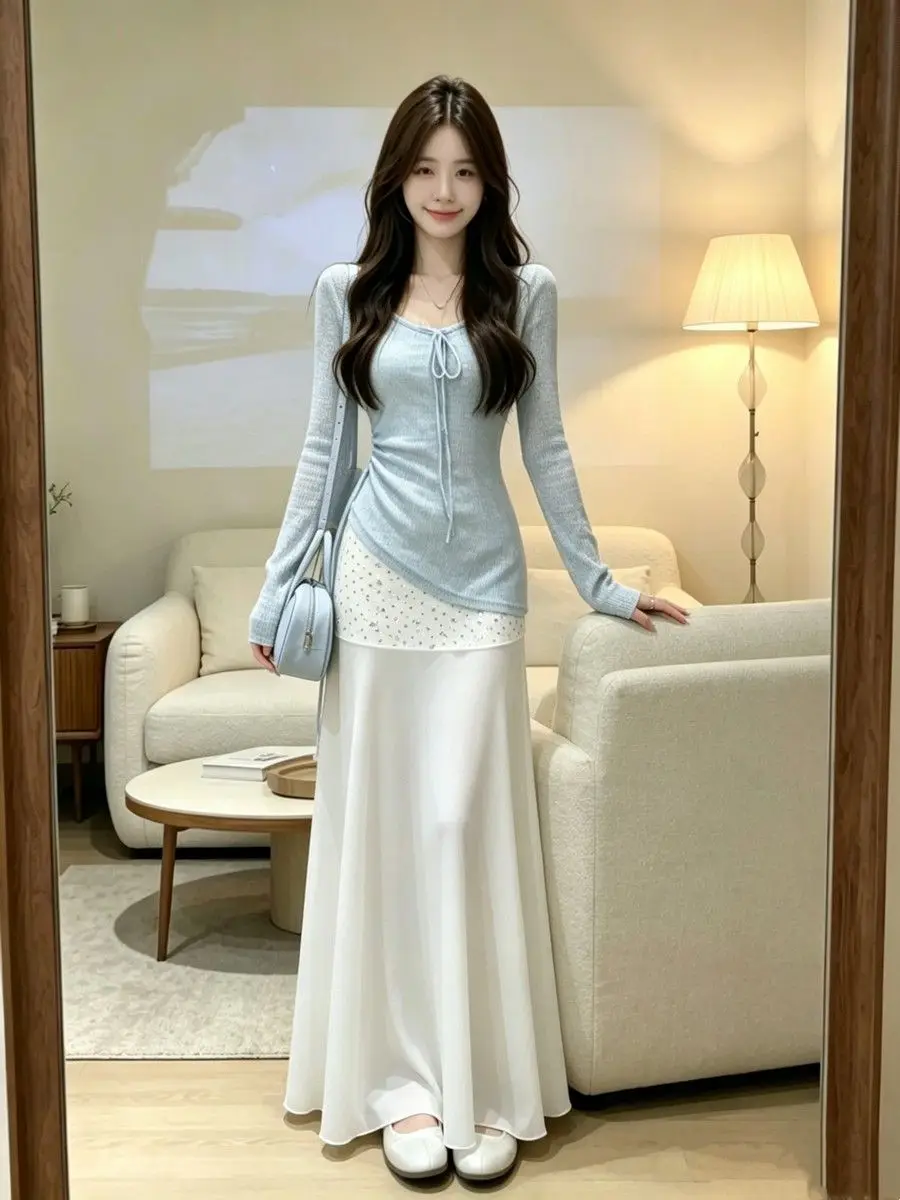Gentle Temperament Waist Strap Long-sleeved Blouse Top Hip Wrap Thin Drape Long Skirt Fresh Casual Suit