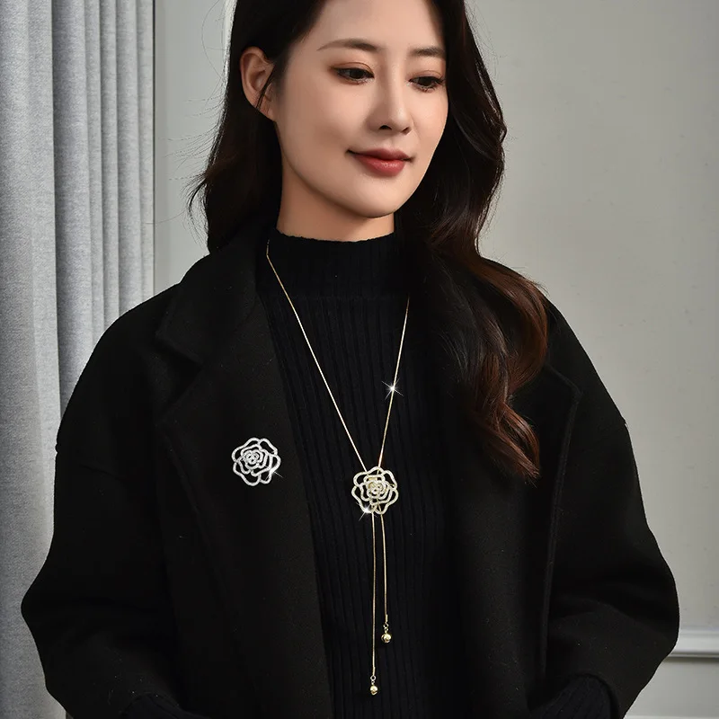 Классическая и модная цепочка для свитера на осень и зиму, длинное ожерелье из двух частей, свитер-корсаж с розой
