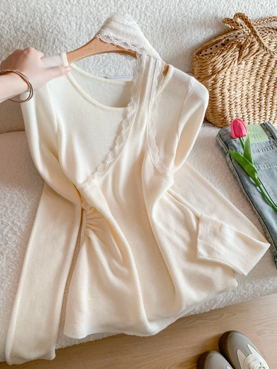 

Lace Trim Long Sve Uneven Splicing Base irt Women's Spring New Sle Slimming Pure Desire Beautiful Faionable Top