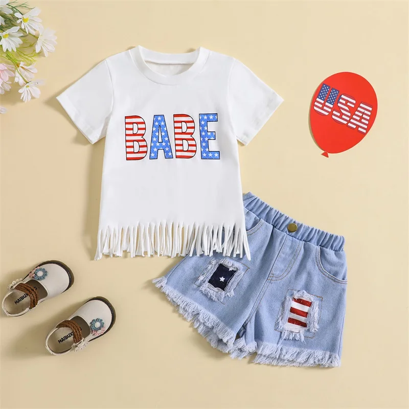 Independence Day Kids Girls Outfit Stripe Stars Letter Print Tassel Crew Neck Short Sleeve T-Shirts Denim Shorts 2Pcs Suit 1-5Y