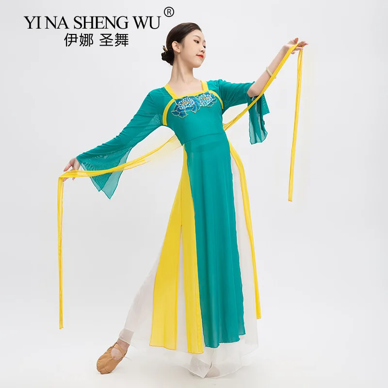 Classical Dance Long Shirts with Split Horn Sleeves Waist Long Gown Gauze Classical Dance Trousers Practice Performance Clothing