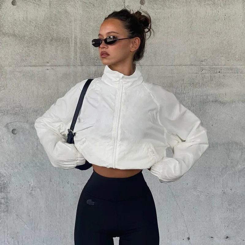 

Solid White Short Cargo Jackets 2023 Autumn Winter Stand Collar Long Sleeve Zipper Loose Sports Sunscreen Coats Women Crop Tops