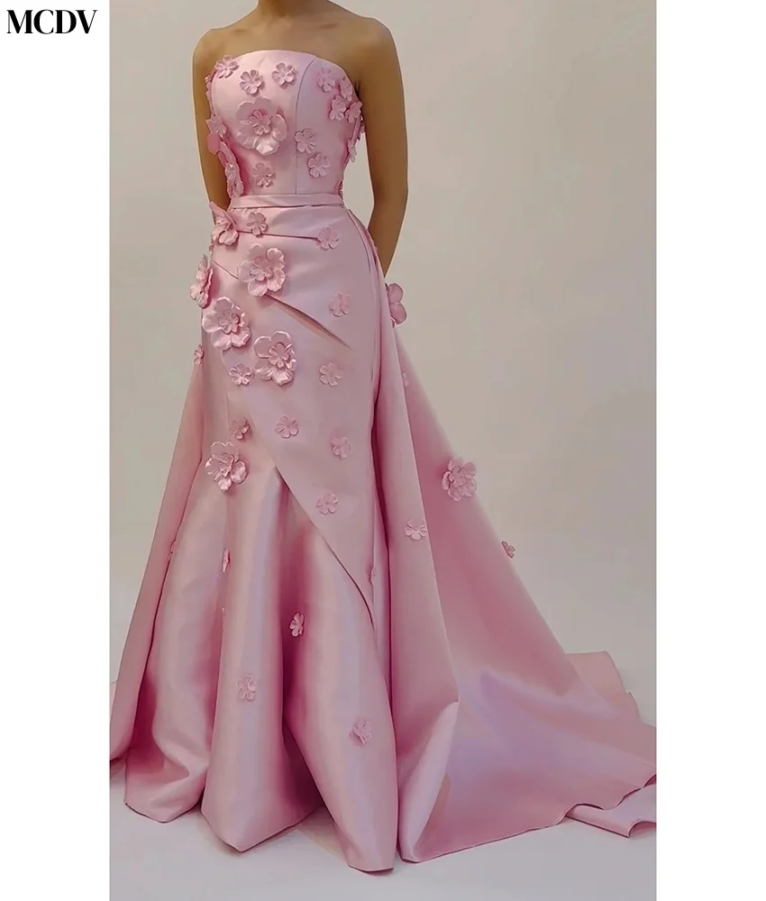 فستان سهرة مخصص من الساتان رشيق على شكل حرف a زهور ثلاثية الأبعاد عالي الجودة بدون حمالات بدون أكمام فستان سهرة نسائي