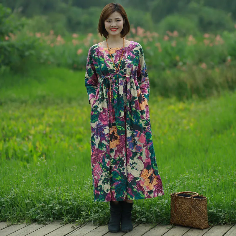 Herbst Baumwolle Leinen Wunderschöne Druck Kleid 3/4 Langarm Frauen Retro Pastoralen Stil Hohe Taille Kordelzug Französisch Boho Maxi Rock