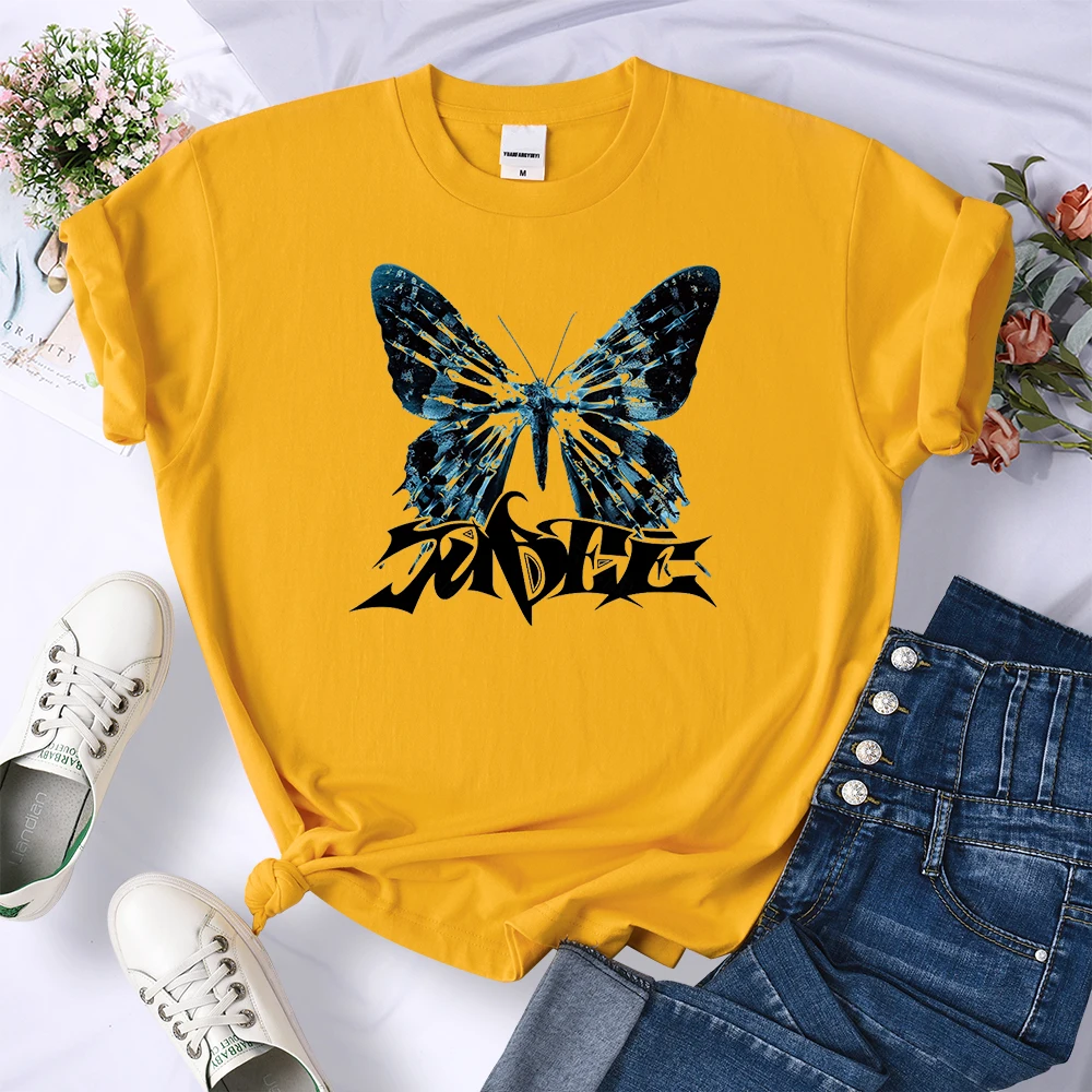 Blue Flower Butterfly Cool Womens Brand Tee Clothes Short Sleeve Shirt Fashion Loose T-Shirt Pattern Sweat Women Tops New