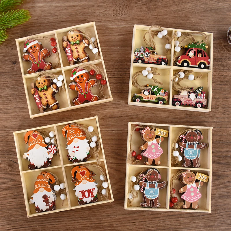 12pcs/Set Christmas Wooden Pendant Gingerbread Santa Claus Gnomes Xmas Tree Hanging Ornament Home New Year Party Gift Decoration