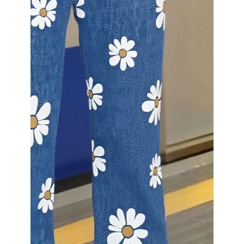 2025 Children's Y2K Street Trend Style - Daisy Floral Element Printing - Wide Leg Elastic Waist Imitation Denim Trousers