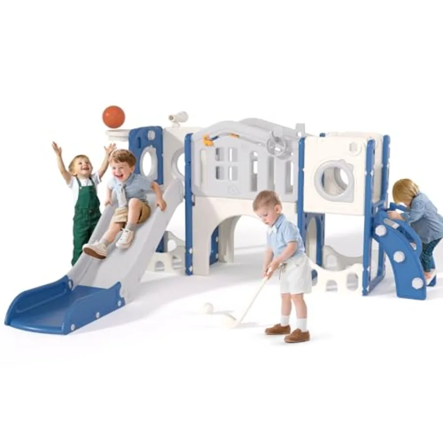 

Игровой комплекс 11 в 1 для малышей от 1 до 3 лет с горкой, кольцебросом и баскетбольным кольцом, синий, для дома и улицы