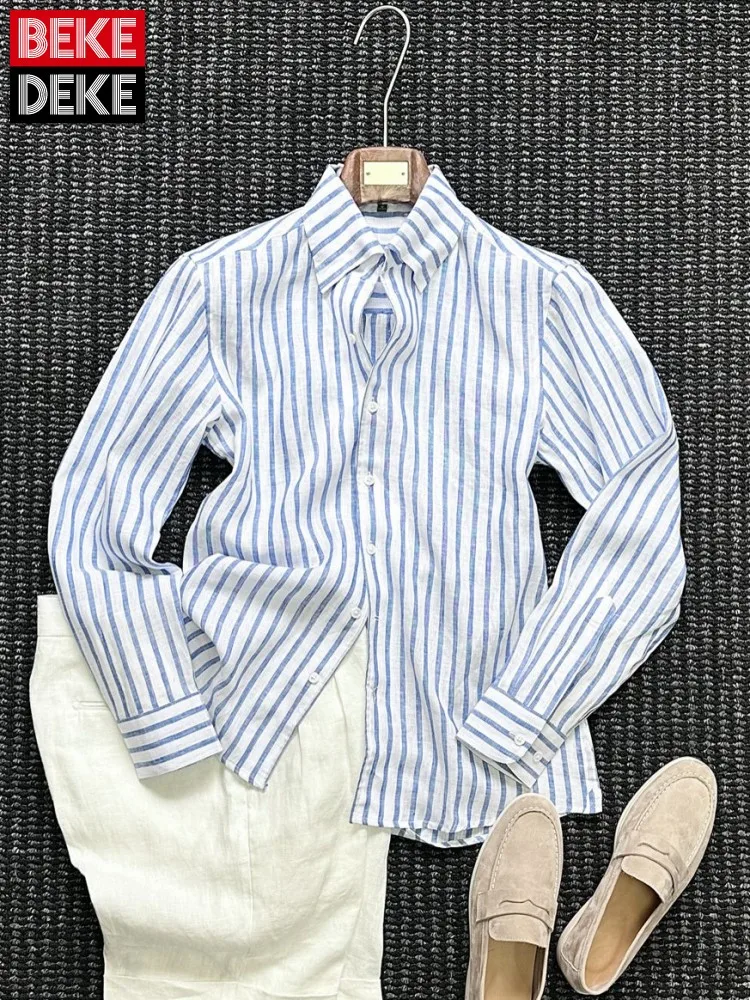 Summer Mens Linen Shirt Long Sleeve Business Casual Comfortable Breathable Single Breasted Office Men Work Striped Shirts Tops