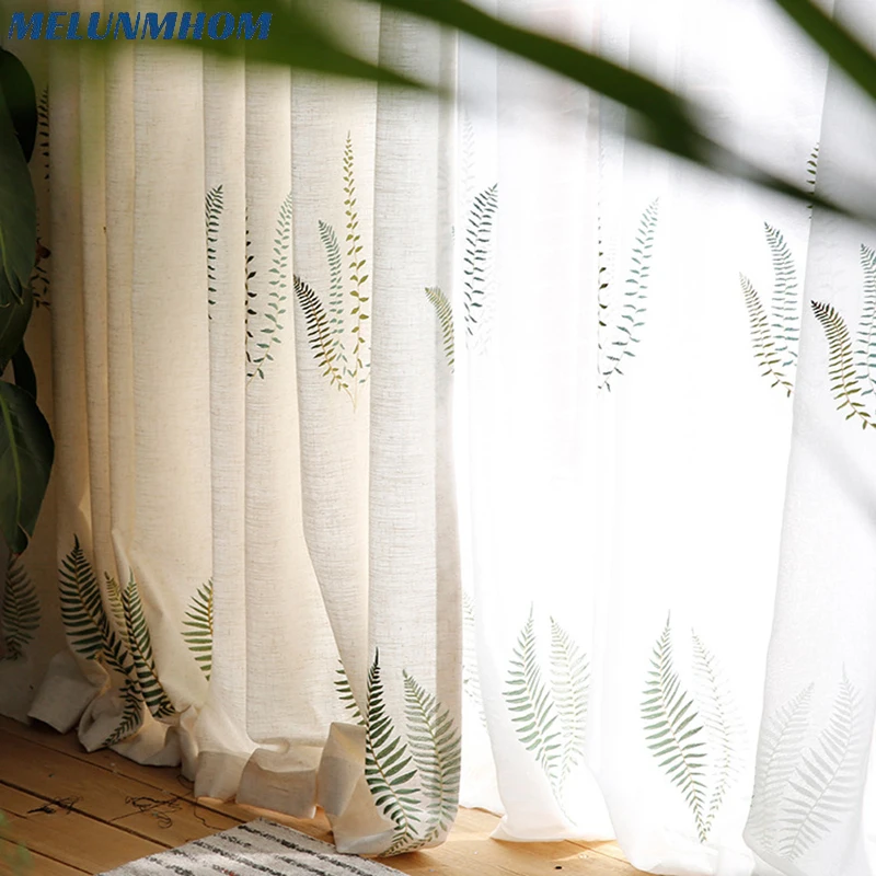 Embroidered Green Leaves Curtains for Living Room Bedroom Tulle for Windows Kitchen American Style Fabric Curtains Children Room