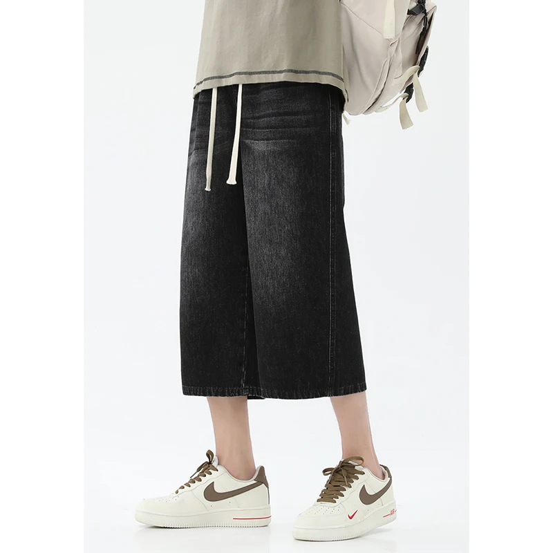 Fashion Elastic Korean High Waist Washed Straight Jeans Men's Clothing 2024 Summer New Loose Lace Up All-match Capri Pants
