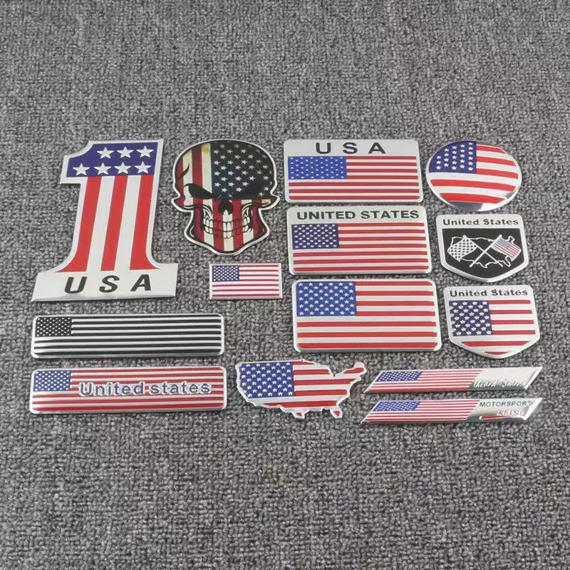 14 Styles USA Flag American Flag Badge Decal Thin Aluminium Car Emblem Label Sticker Long Square Shield Diamond The One Skull