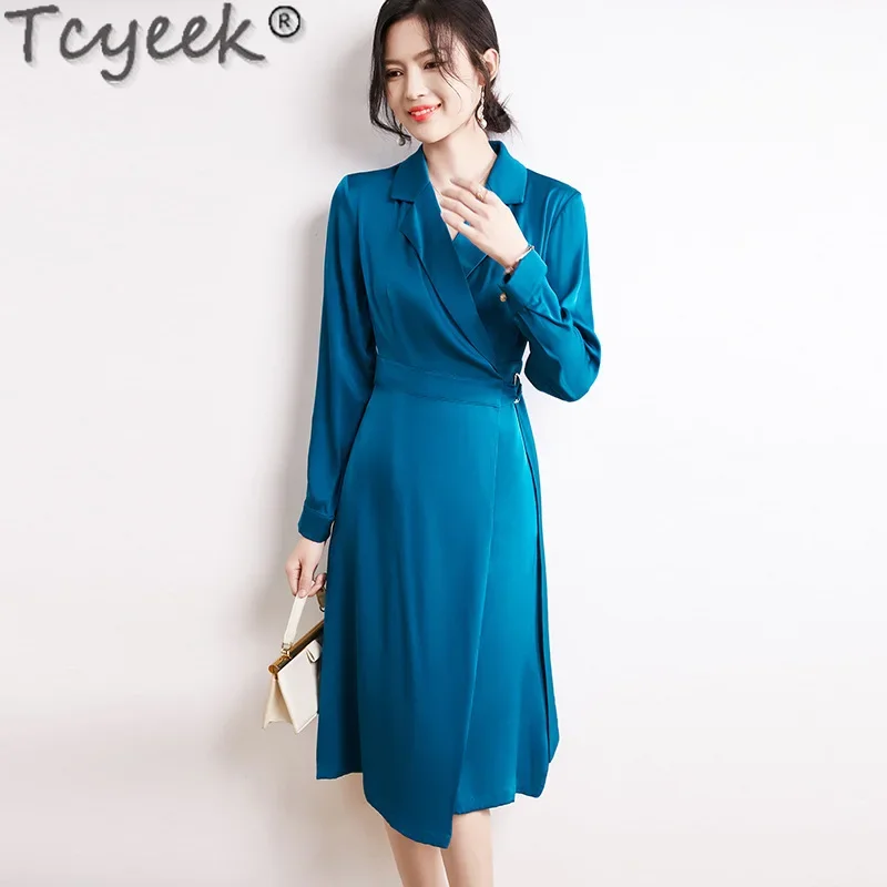 

Tcyeek 19MM Real Silk Dress Women Long Sleeve Dress 2024 91.2% Mulberry Silk Womens Dresses Spring Summer Midi Dress Suit Collar