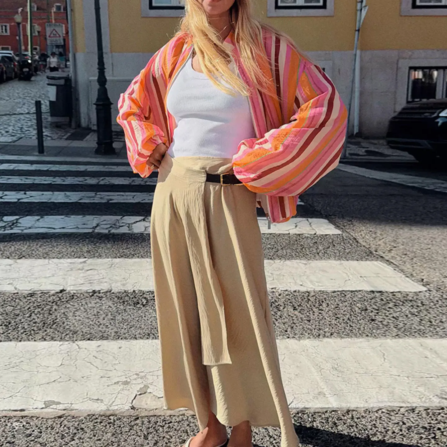 Women's Pilot Jacket Stripe Pattern Stand Collar Zipper Short Outerwear Half Skirt Fashion Set Long Sleeve Spring Summer Autumn