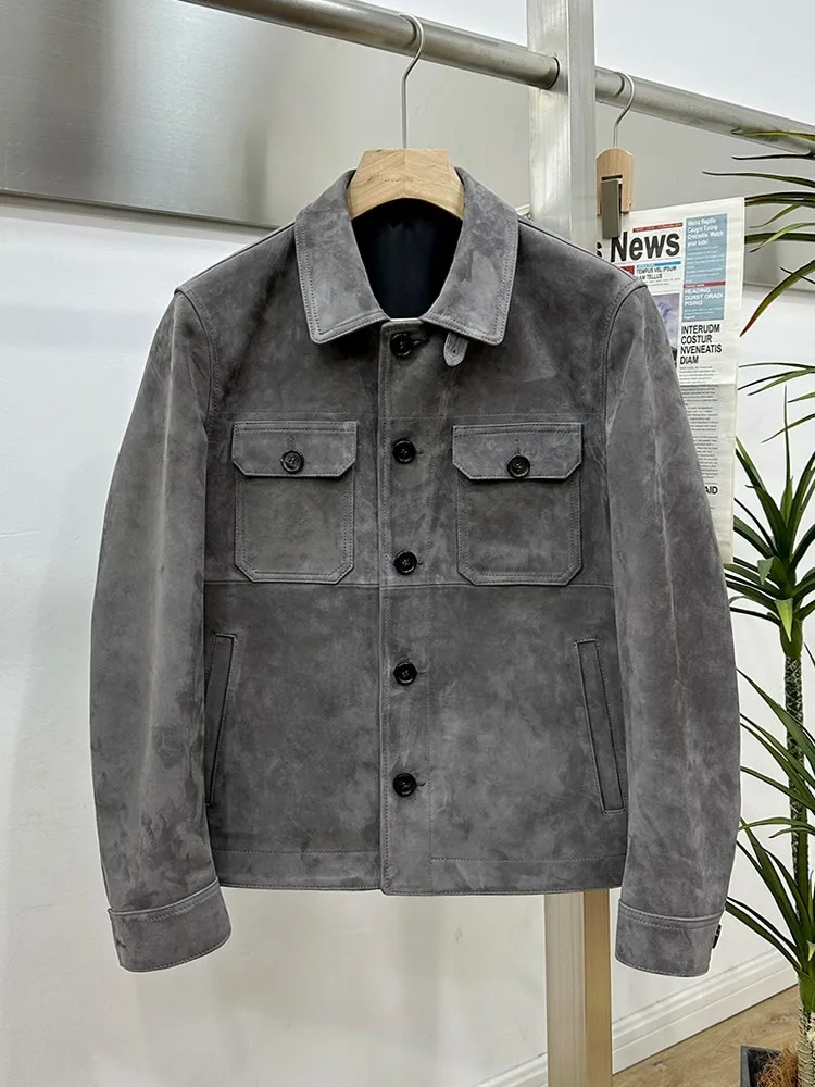 Single Breasted Luxury Men Sheepskin Suede Jacket Slim Fit American Style Real Leather Coat Casual Turndown Collar Pocket Coats
