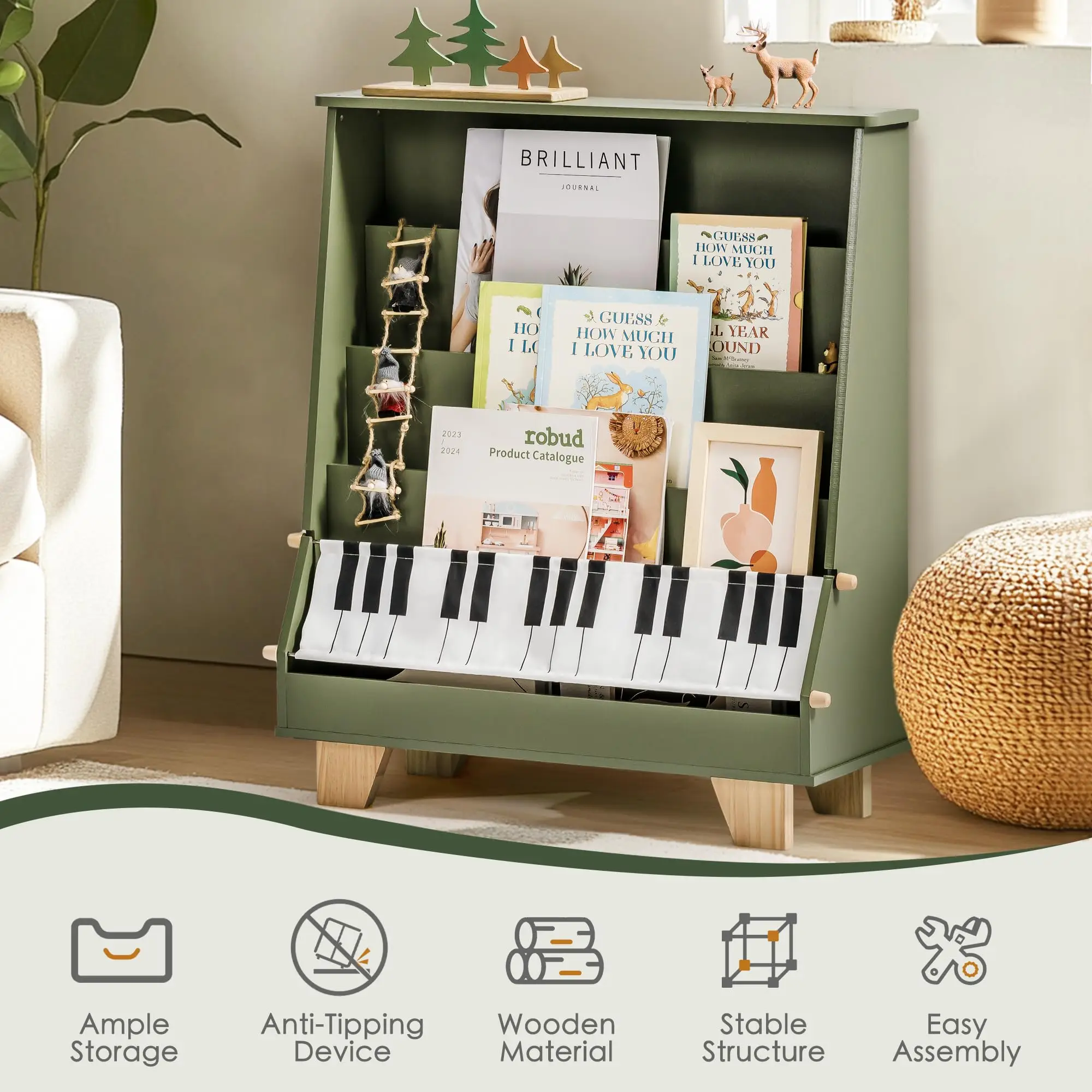 ROBOTIME Scaffale per bambini a 4 livelli Scaffale per bambini per aule Salle giochi Libreria per bambini in legno Stoccaggio anteriore e posteriore per bambini