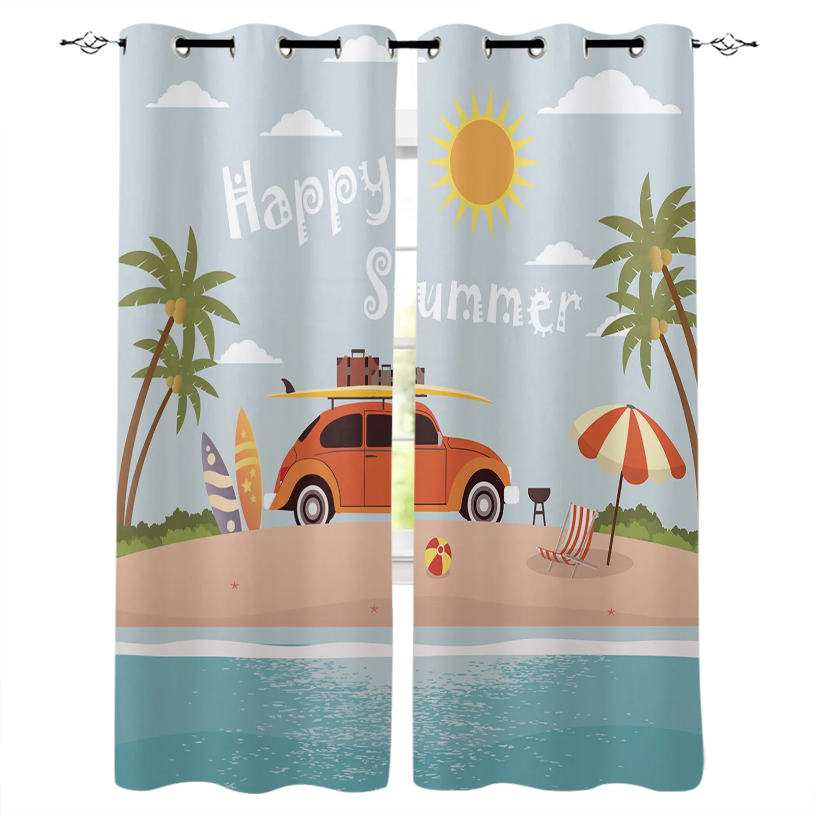 Beach Surfing Palm Trees Window Curtains for Living Room Bedroom Kitchen Modern Curtains Home Decoration Drapes Blinds