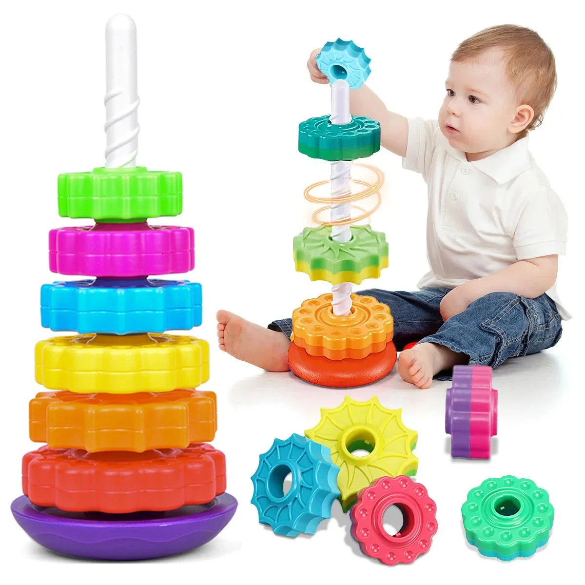 Kids Stacking Toys Spinning Rainbow Gears Toddler Montessori Educational Sensory Toys Circles Stacking Rainbow Wheel Ring